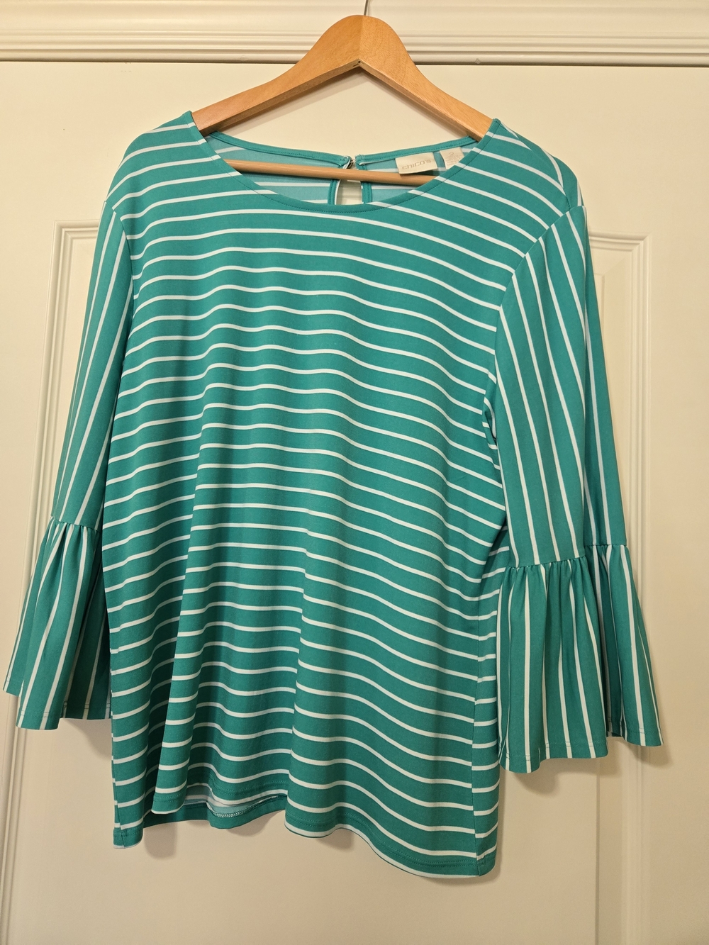 Chico's Teal & White Striped Bell-Sleeve Knit Top